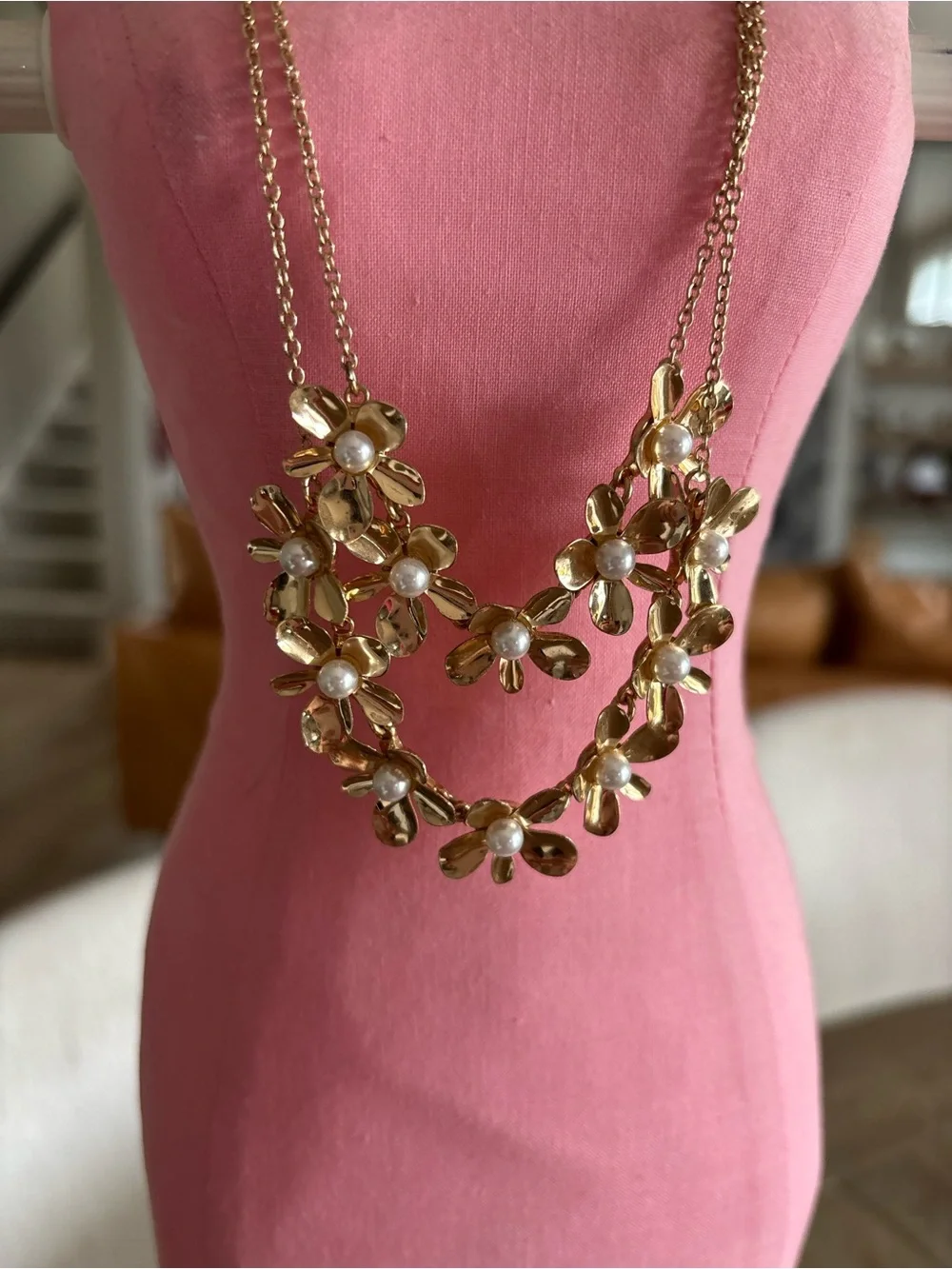 Banana Republic Gold Floral Pearl Statement Necklace